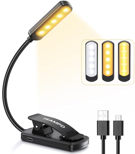 Läslampa, TEAMPD 10 lysdioder 3 färger och steglös dimning USB uppladdningsbar läslampa, 360° flexibel med läslampa för nattläsare, e-läsare, surfplatta, arbetsrum, säng, bok, resor