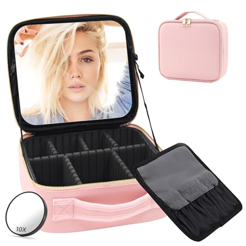 Resesminkväska Kosmetisk väska Sminkväska med spegel och justerbara avdelare, vattentät sminkförvaring reseväska
