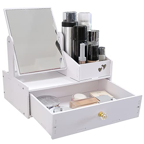 LEcylankEr Makeup Organizer, Vit Bordsskiva Badrums Organizer, Makeup Organizer Box med spegel, Makeup Organizer Box med lådor för sovrum/badrum (fyrkantig spegel)